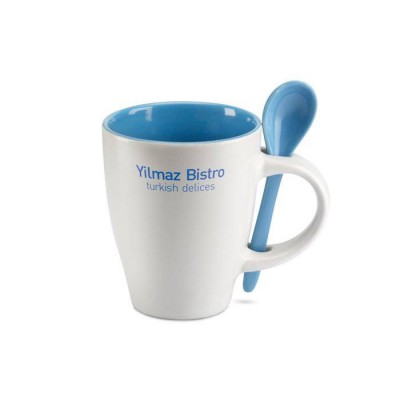 Keramikinis puodelis su šaukšteliu ir Jūsų logotipo spauda